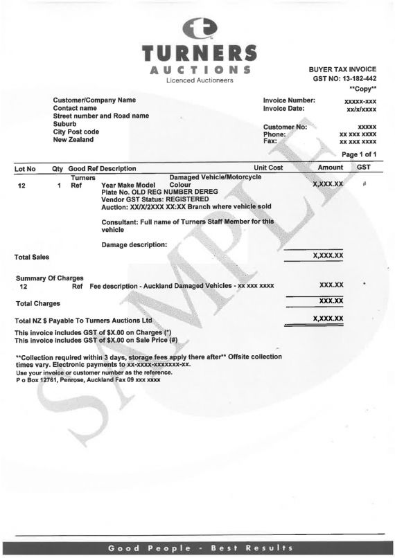 Sample auction invoices - NZTA Vehicle Portal