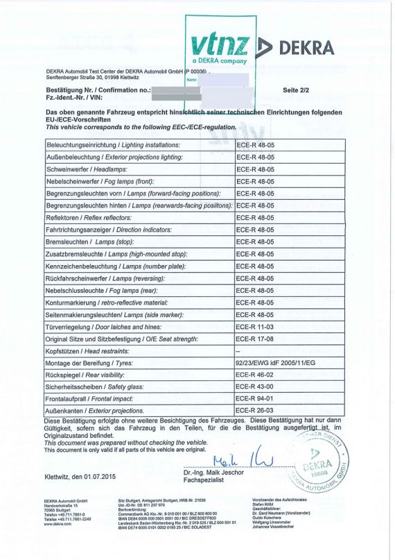 DEKRA Certificate of compliance vehicles classes Vehicle Inspection