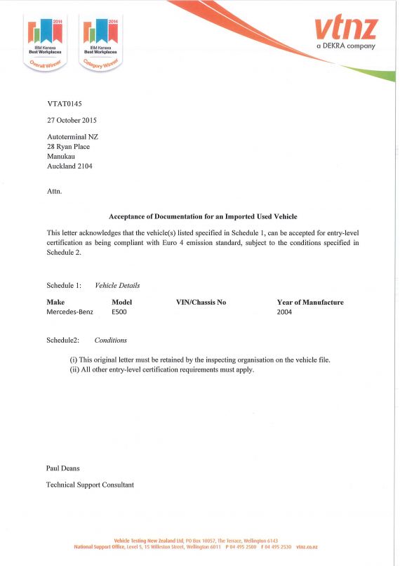 Compliance Letter Sample from vehicleinspection.nzta.govt.nz