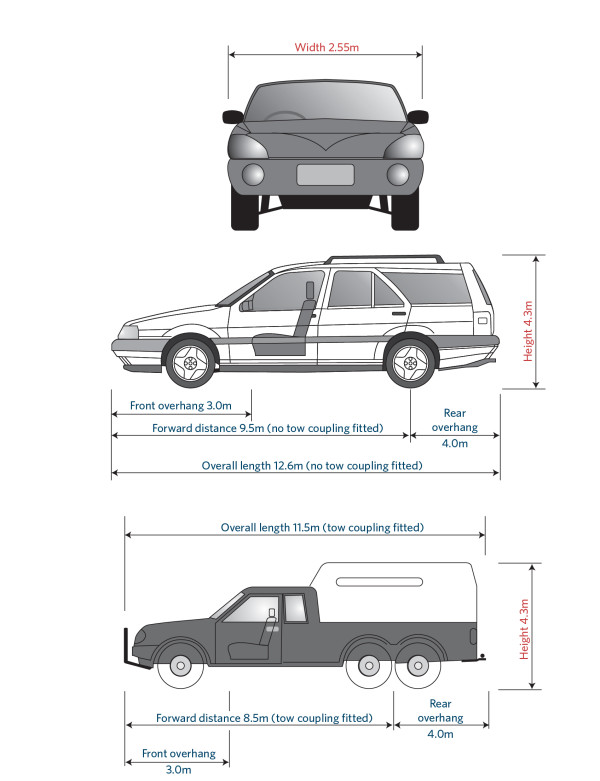 Images of light vehicles with the dimension requirements of Table 2-2-1.